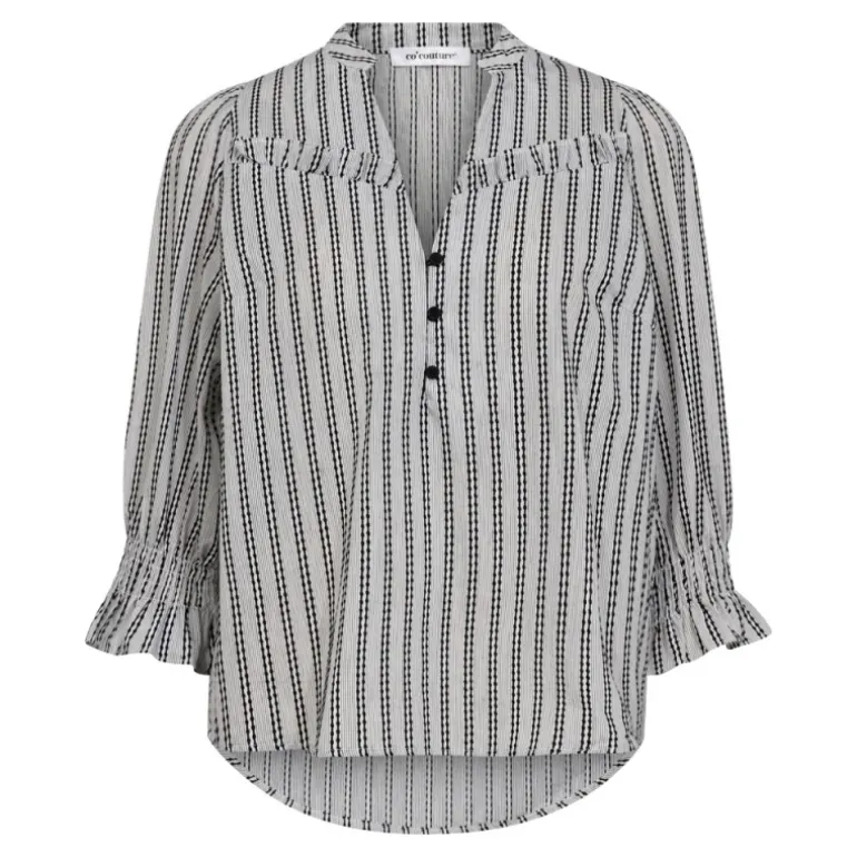 Co'Couture NoraCC Frill SS Blouse Stribet bluse 35798 WhiteBlack fra Co'couture