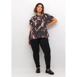 Kaffe Curve KCnour Flounce Blouse - Lilla/Beige printet chiffon bluse 10582700 Purple Blurry Graphic fra Kaffe Curve