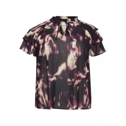 Kaffe Curve KCnour Flounce Blouse - Lilla/Beige printet chiffon bluse 10582700 Purple Blurry Graphic fra Kaffe Curve