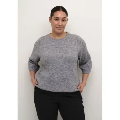 Kaffe Curve KCtenna Pullover - Gråmeleret strik med korte ærmer 10582836 Grey Melange fra Kaffe Curve