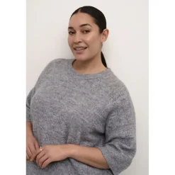 Kaffe Curve KCtenna Pullover - Gråmeleret strik med korte ærmer 10582836 Grey Melange fra Kaffe Curve
