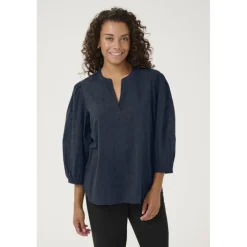 Kaffe KAjollia Blouse - Marineblå bluse med hjerter 10508453 Midnight Marine fra Kaffe