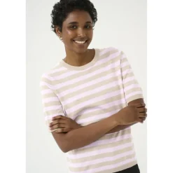 Kaffe KAlizza Striped Knit - Kortærmet stribet strik 10508410 Feather Gray Melange/Pink fra Kaffe