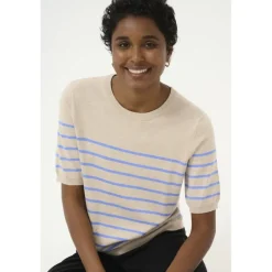 Kaffe KAlizza Striped Knit - Kortærmet stribet strik 10508410 Feather Gray Melange/Blue fra Kaffe