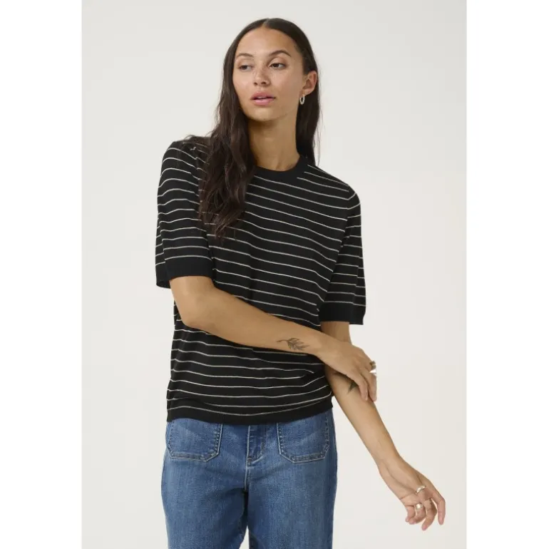 Kaffe KAlizza Striped Knit - Kortærmet stribet strik 10508410 Black/Feather Grey fra Kaffe