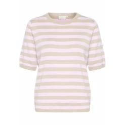 Kaffe KAlizza Striped Knit - Kortærmet stribet strik 10508410 Feather Gray Melange/Pink fra Kaffe