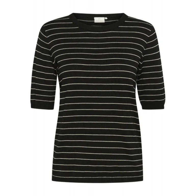 Kaffe KAlizza Striped Knit - Kortærmet stribet strik 10508410 Black/Feather Grey fra Kaffe