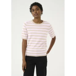 Kaffe KAlizza Striped Knit - Kortærmet stribet strik 10508410 Feather Gray Melange/Pink fra Kaffe