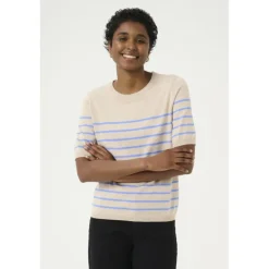 Kaffe KAlizza Striped Knit - Kortærmet stribet strik 10508410 Feather Gray Melange/Blue fra Kaffe