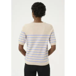 Kaffe KAlizza Striped Knit - Kortærmet stribet strik 10508410 Feather Gray Melange/Blue fra Kaffe