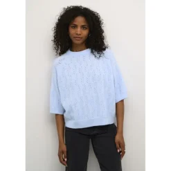 Kaffe KAtella Pullover - Lyseblå strik med korte ærmer 10509496 Windsurfer Melange fra Kaffe