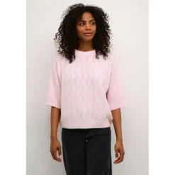Kaffe KAtella Pullover - Lyserød strik med korte ærmer 10509496 Lilac Snow Melange fra Kaffe