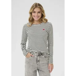 Kaffe Liddy T-shirt - Stribet T-shirt 10502821 Chalk/Black Pink heart fra Kaffe