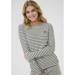 Kaffe Liddy T-shirt - Stribet T-shirt 10502821 Chalk/Black Pink heart fra Kaffe