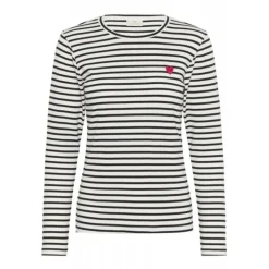 Kaffe Liddy T-shirt - Stribet T-shirt 10502821 Chalk/Black Pink heart fra Kaffe