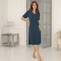 Lady Avenue Bamboo Long Nightdress  - Blå natkjole 51-50521 Indigo fra Lady Avenue